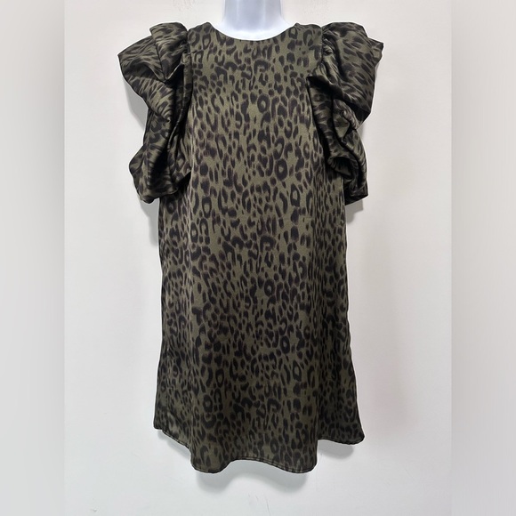 THML Give You A Look Olive Green Leopard Shift Dress Ruffle Sleeves - Picture 2 of 8